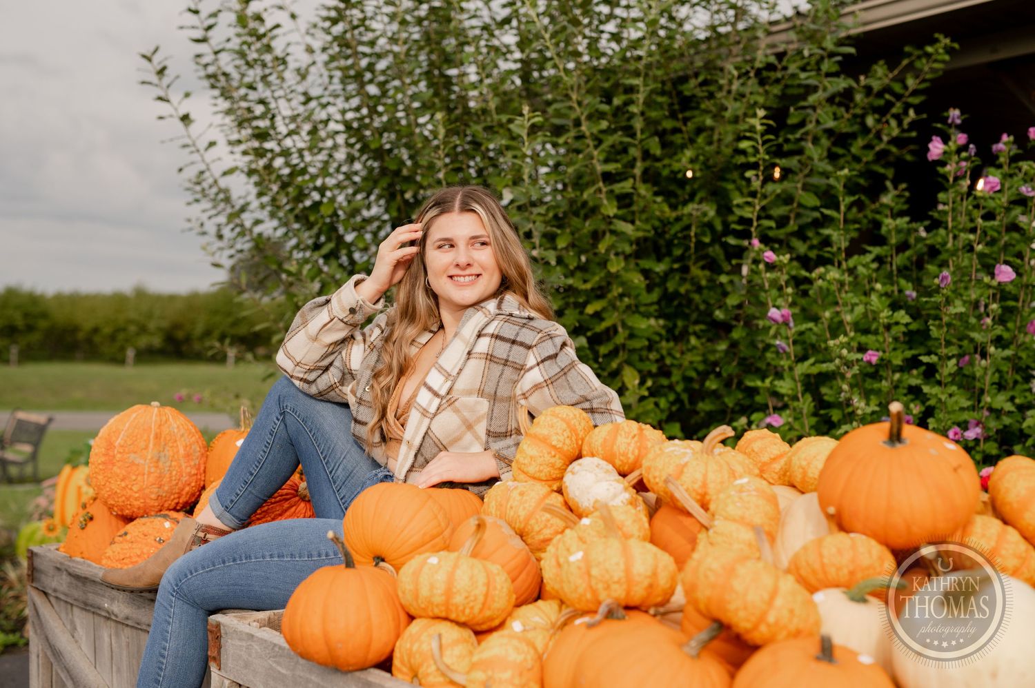 A person in plaid lounges on a wooden display surrounded by bright orange pumpkins at a farm stand.