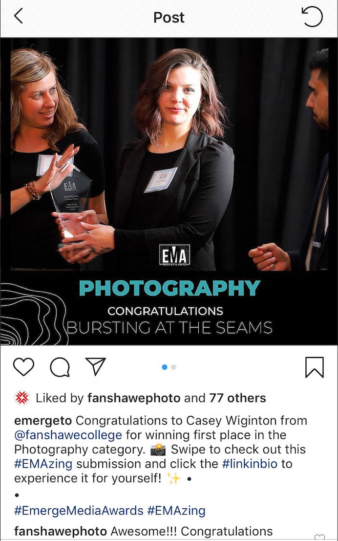 A social media post showing an awards ceremony announcement for the EMAzing photography category winner Casey Anne Images