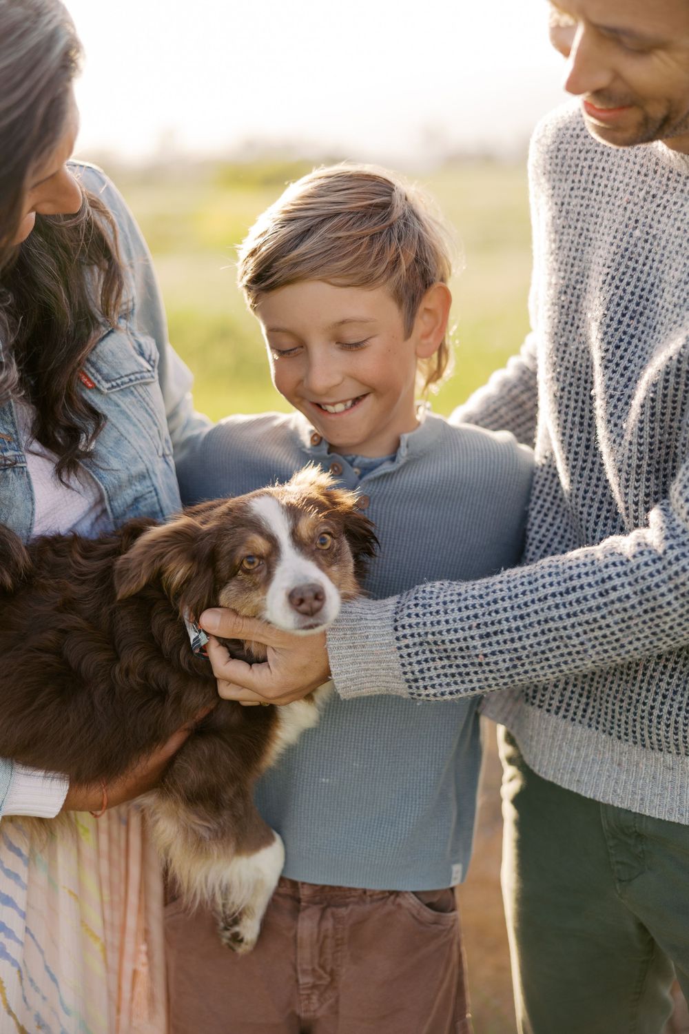 A family cuddles with their Australian Shepherd dog while enjoying a warm afternoon in the grass.
