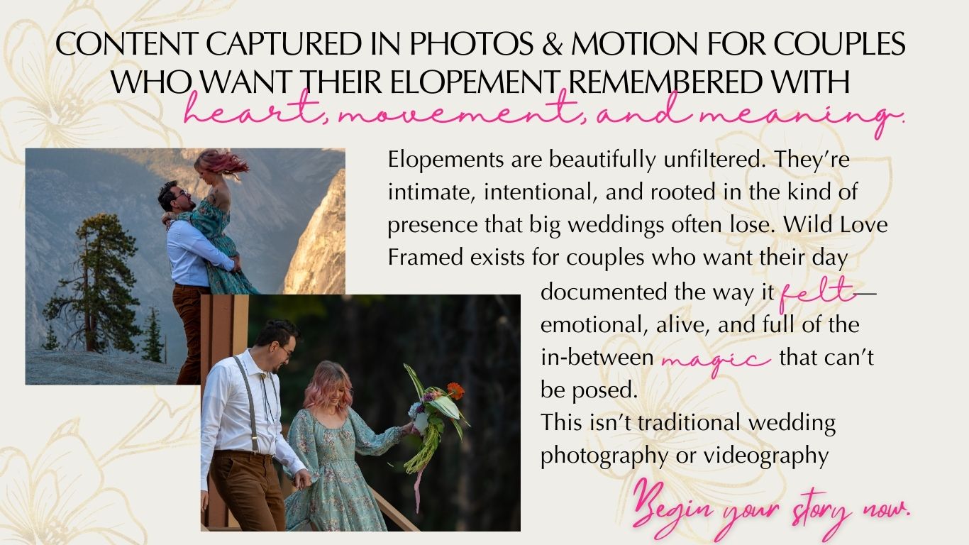 Yosemite elopement couple embraces at Chapel and Glacier Point while text overlays describe Luxury Content Creation services for elopements.
