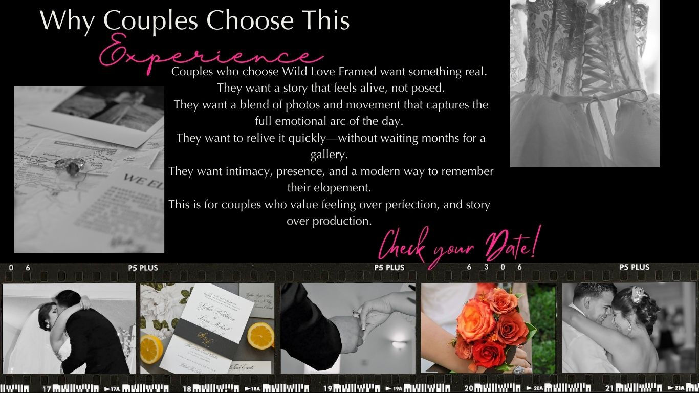A collage of elopement photography and romantic couple moments. With text of why couples choose Wild Love Framed: Luxury Content Creation