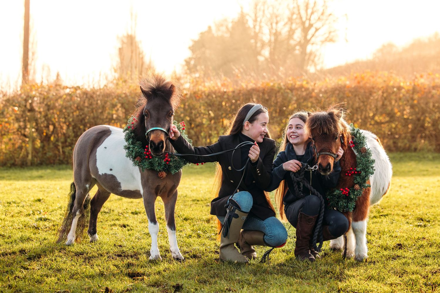 A joyful scene with ponies and their admirers enjoying time together in a sunny field.