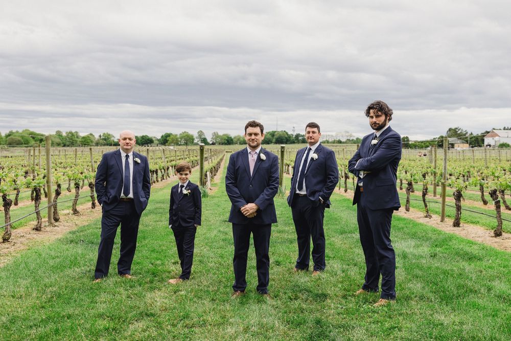 Groomsmen in dark suits pose playfully in a vineyard setting with rows of grape vines in the background.