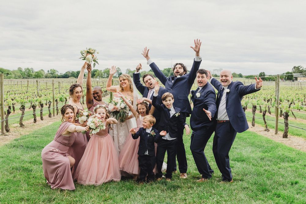 Wedding party poses playfully in a vineyard with bridesmaids in dusty rose dresses and groomsmen in navy suits.