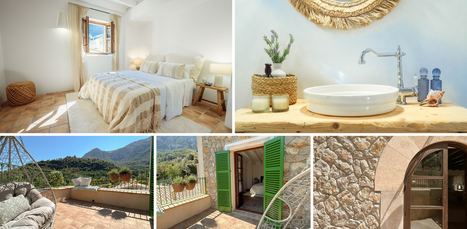 Stone buildings with blue shuttered windows line a narrow cobblestone street in a charming Mediterranean village.