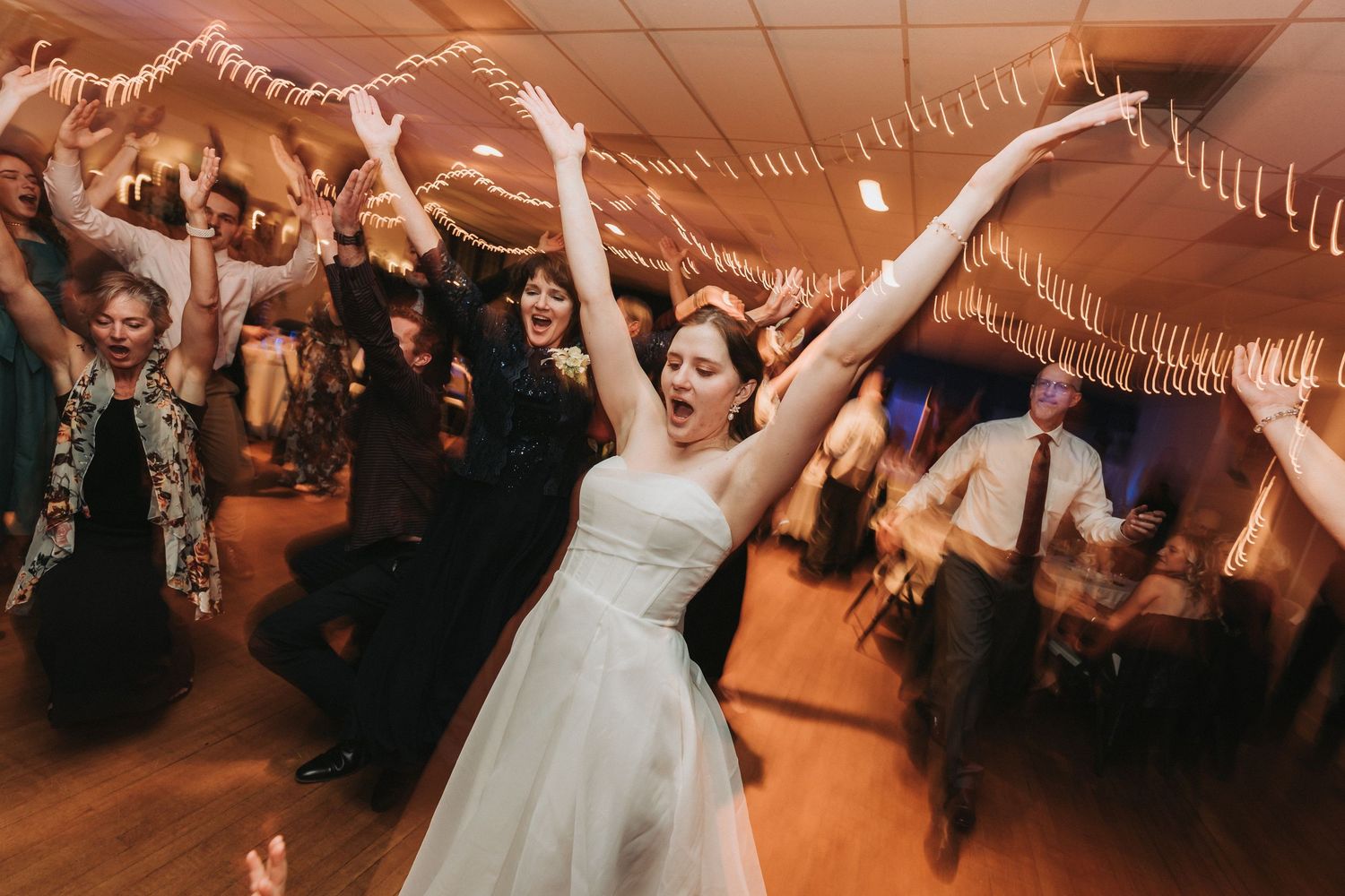 Reception details at Knights of Columbus Hall in Denver with décor and twinkle lights