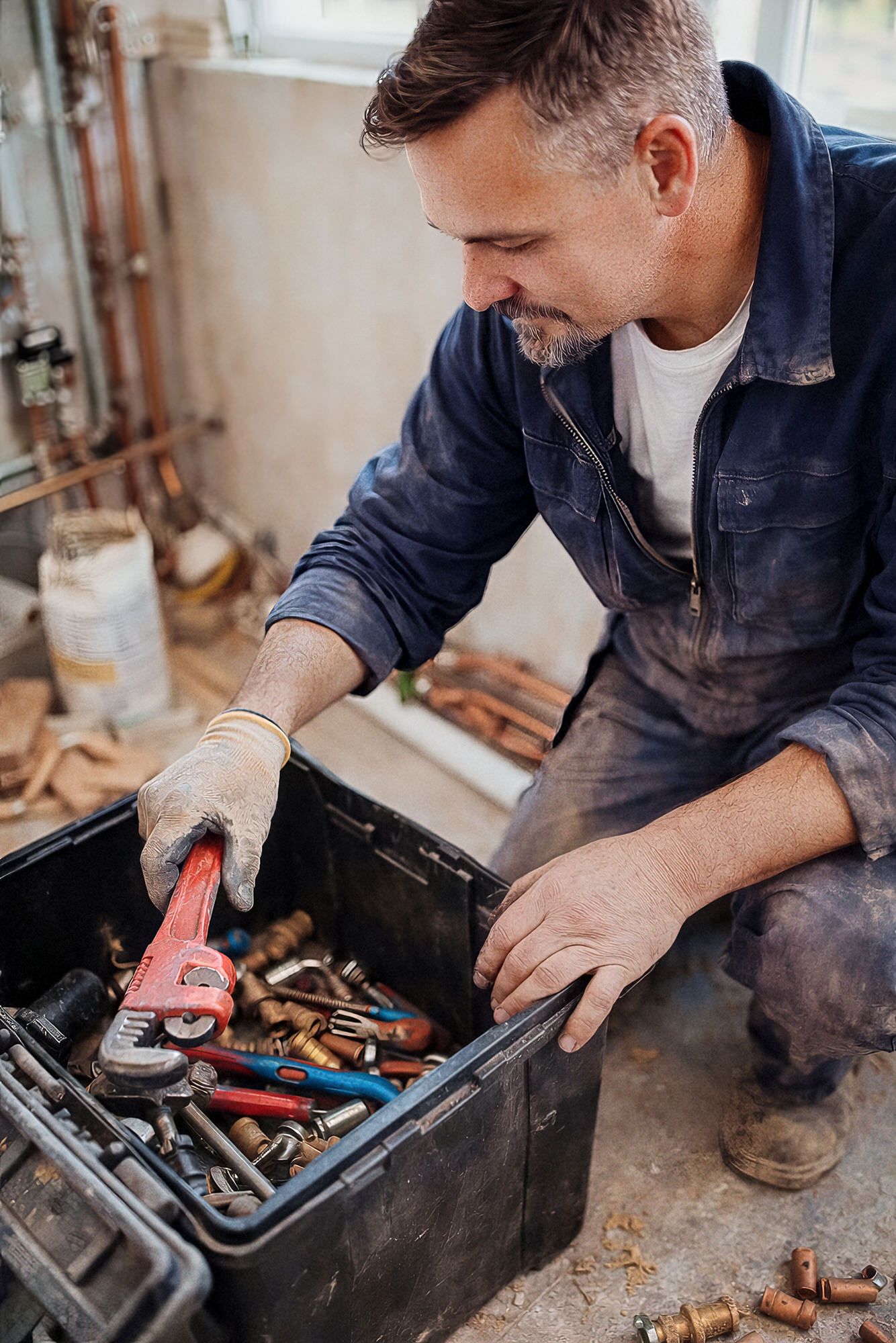 Plumber in blue coveralls reaches into toolbox filled with wrenches and tools in workshop setting.