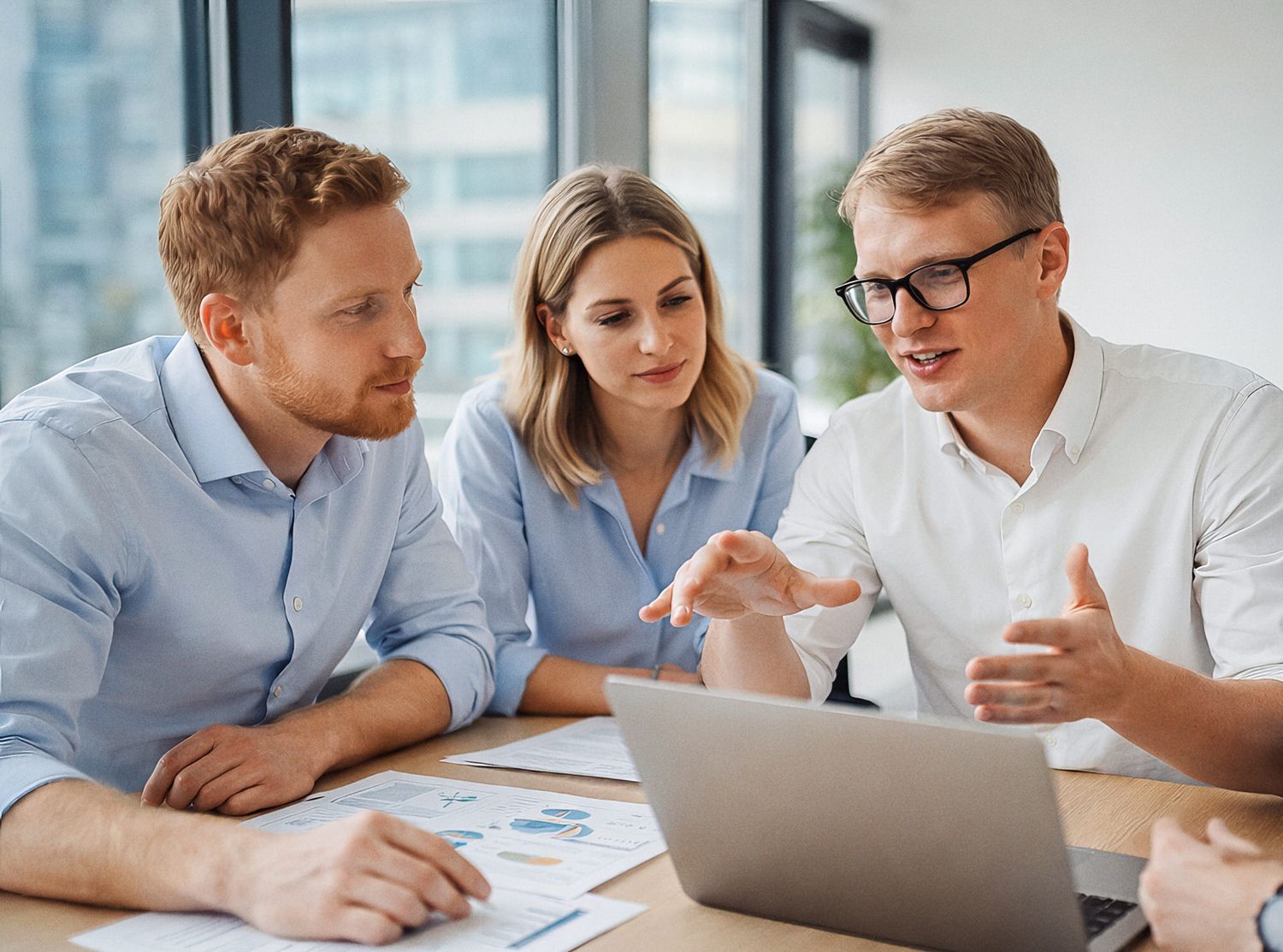 Business colleagues collaborate around a laptop during a meeting in a bright modern office space.