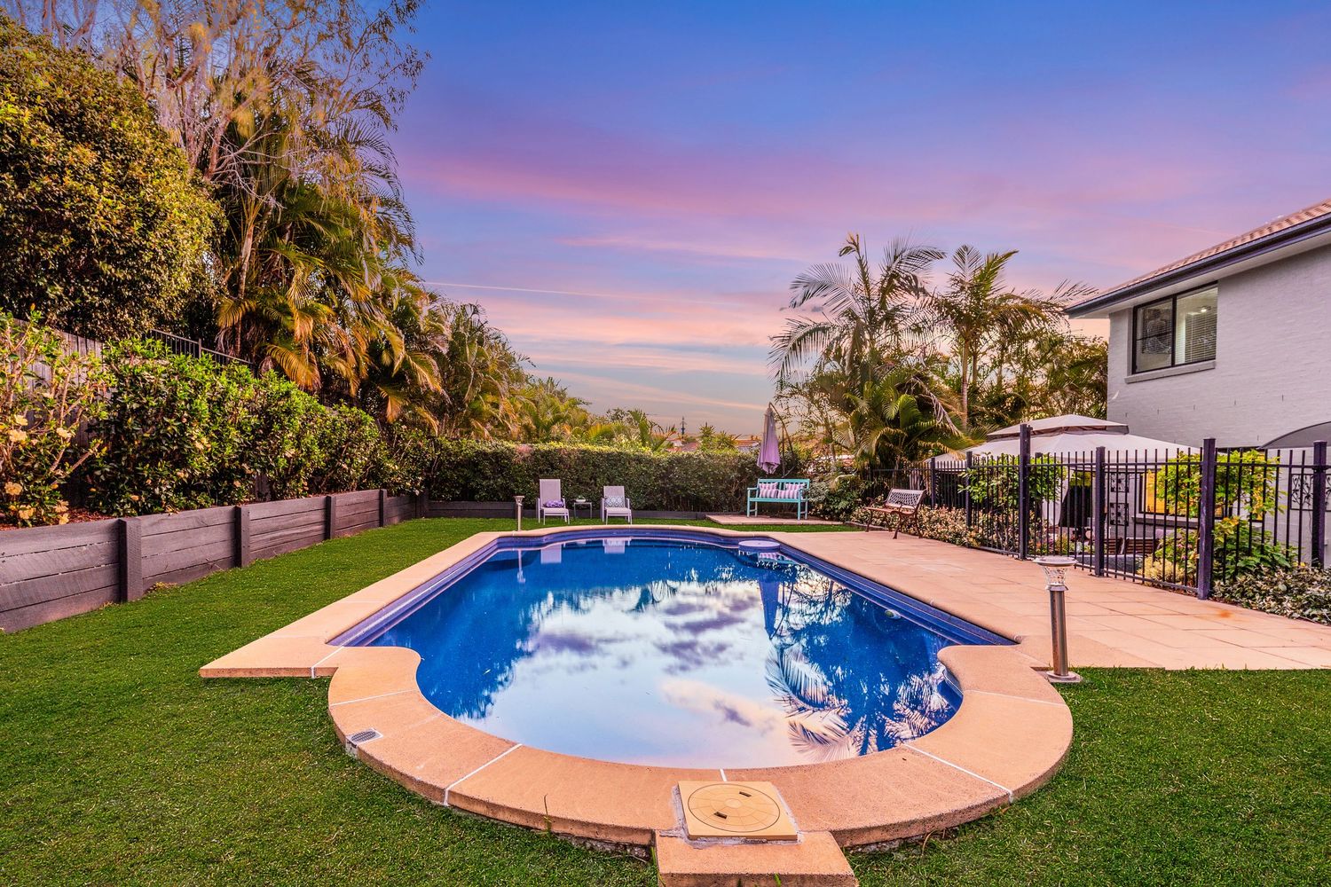 Oval backyard swimming pool surrounded by manicured lawn and tropical trees at twilight.