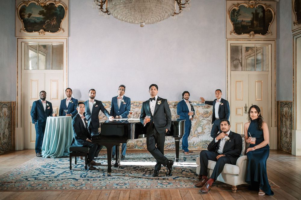 Groomsmen group portrait in palace room with grand piano, Palácio de Fronteira Lisbon wedding