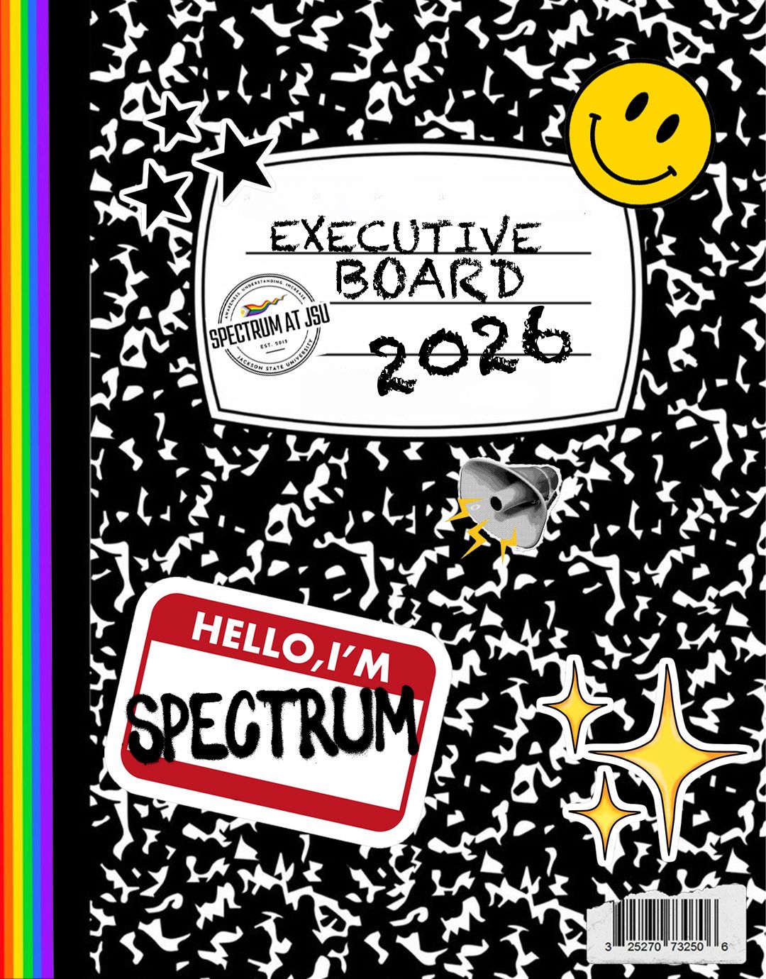 Black and white composition notebook design with rainbow border and smiley face stickers.