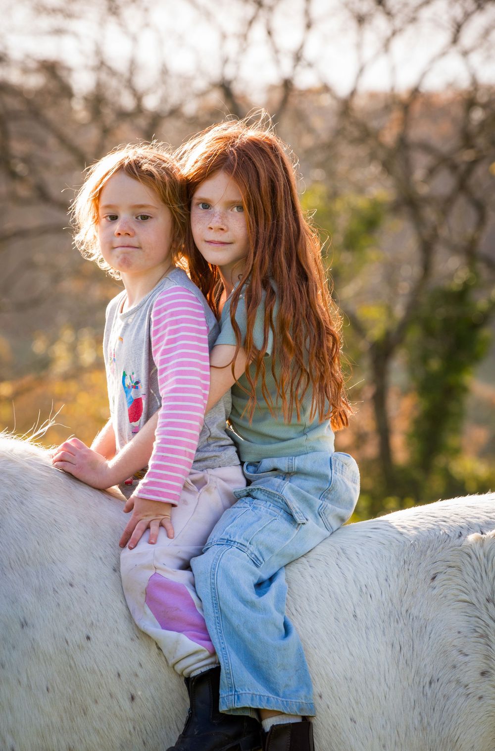 Series of children sitting bareback on a white horse in sunlit outdoor setting.