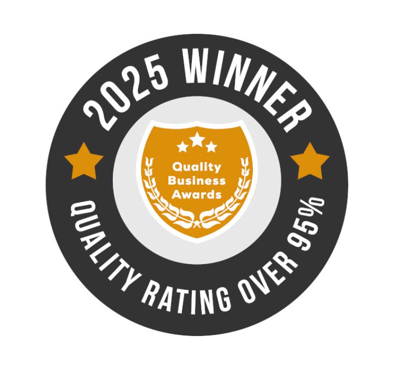 A row of gold and black circular award badges and quality rating emblems displayed in a horizontal line.