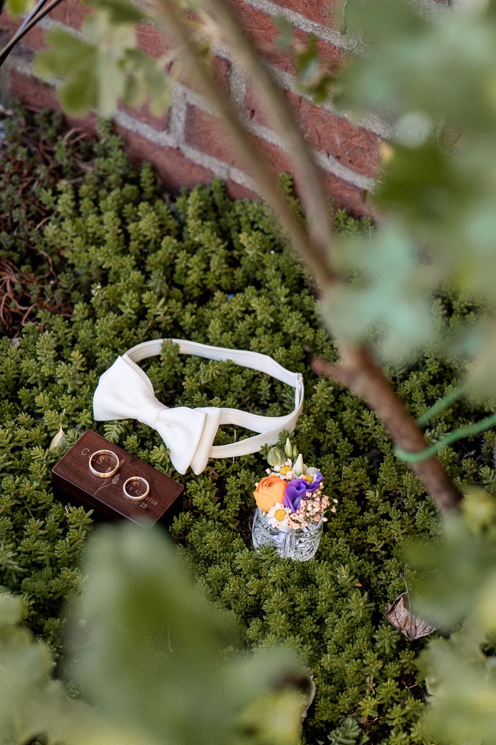 Hochzeitsdetails im Grünen: Fliege und Trauringe auf Moos gebettet. Kreative Detailfotografie für eure Hochzeit in Kleve.