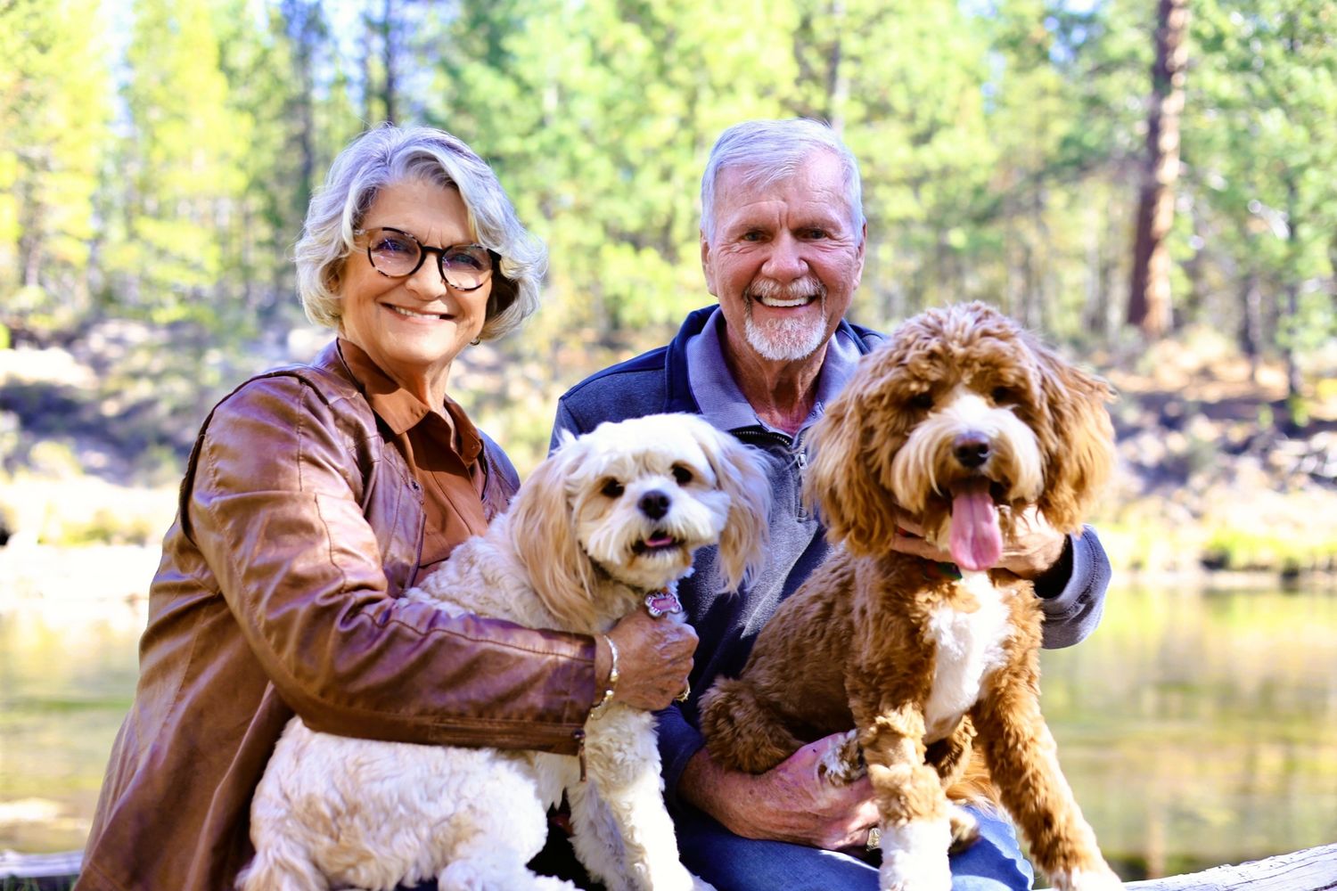 A group of people and dogs enjoying a sunny day by a lake with pine trees in the background.