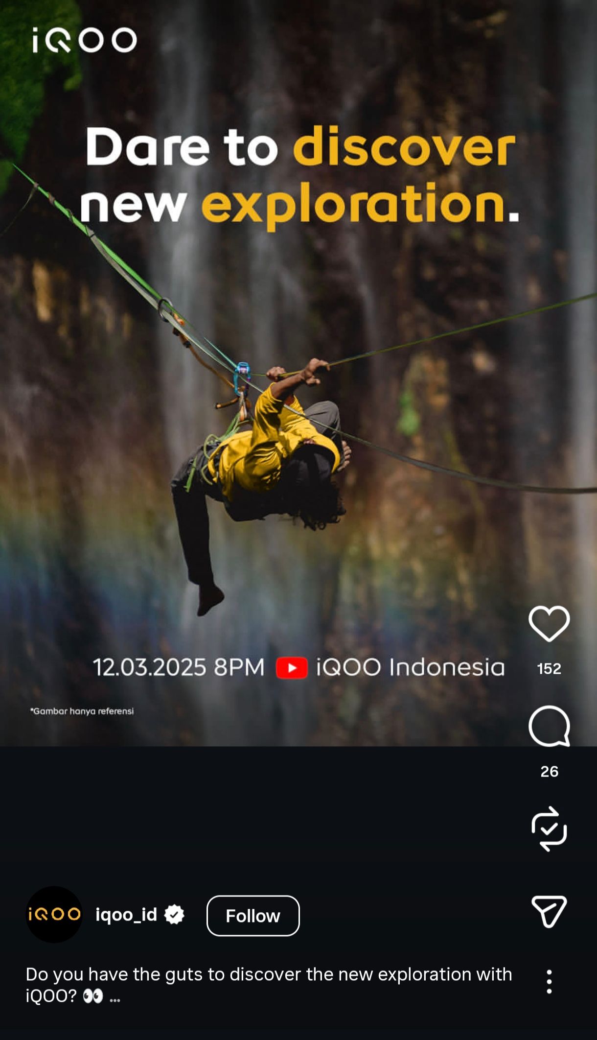 Adventure sports promotion showing person zip-lining through forest with iQOO branding and text about daring to discover.