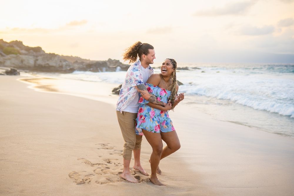 Proposal couple sunset photo at Ironwood beach Maui Hawaii