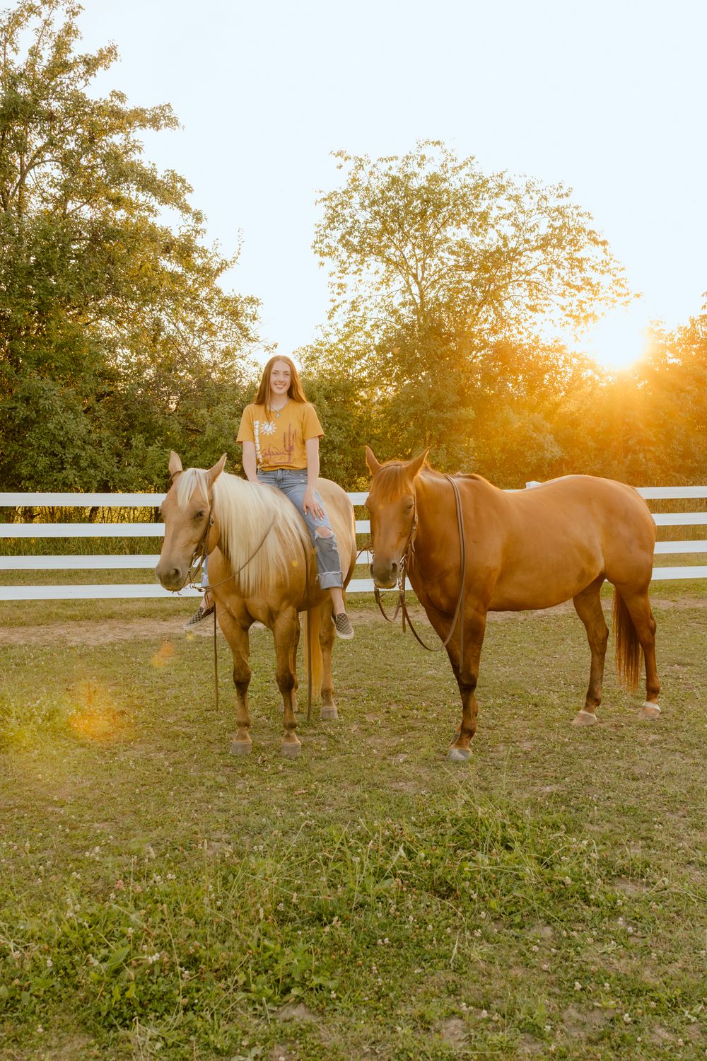 Young woman riding a palomino horse at golden sunset in a white-fenced paddock with a chestnut horse nearby.