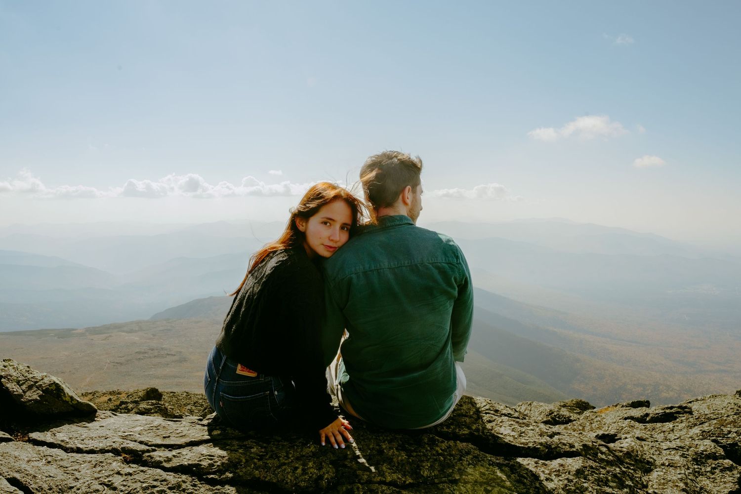 Memory Lane Studios couple on rocky Mt Washington overlook enjoying scenic mountain vista engagement photography by Tharun Palla