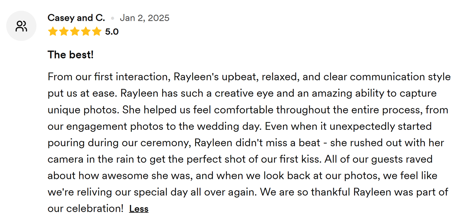 A screenshot of a 5-star customer review with text describing positive feedback about photography services.