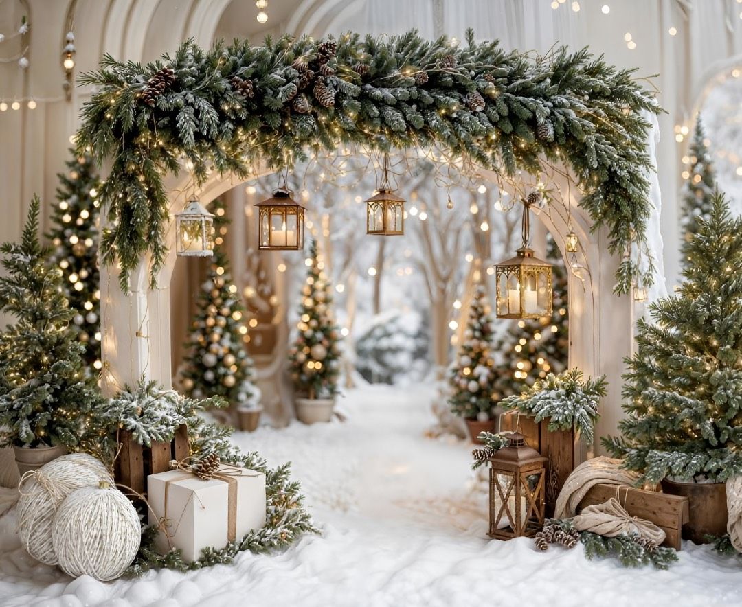 Christmas photo backdrop featuring snow-covered ground, evergreen decor and warm glowing lanterns.