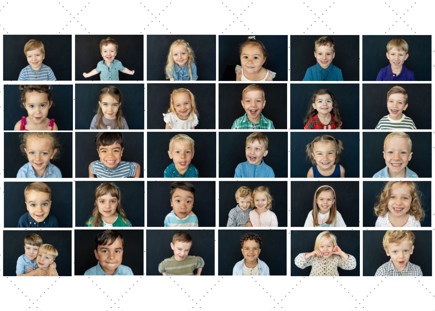 A photo collage grid showing multiple candid portraits of children in casual settings with various expressions and poses.