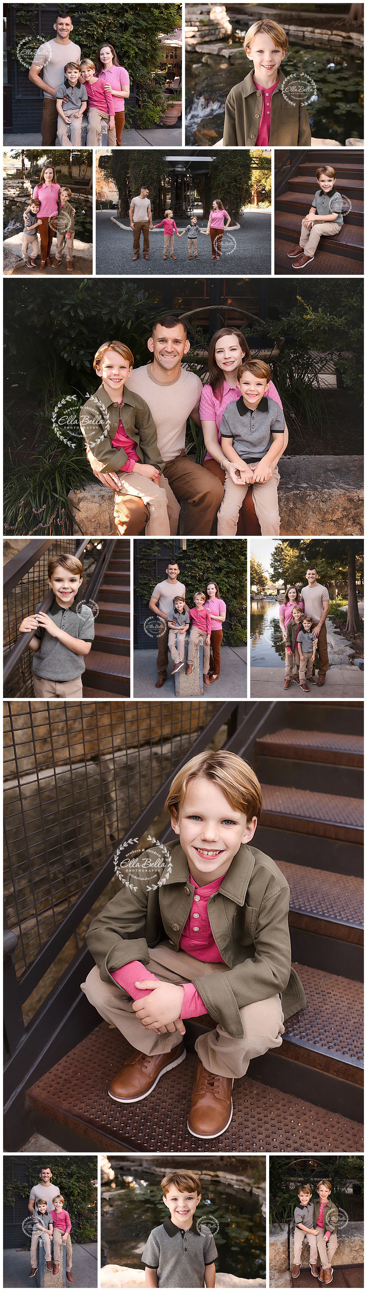 A family photo collage featuring casual outdoor portraits and candid moments on brick steps during golden hour lighting.