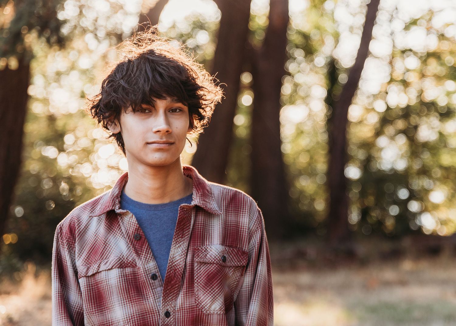 Person in red plaid flannel shirt and blue t-shirt stands in sunlit wooded area during golden hour.