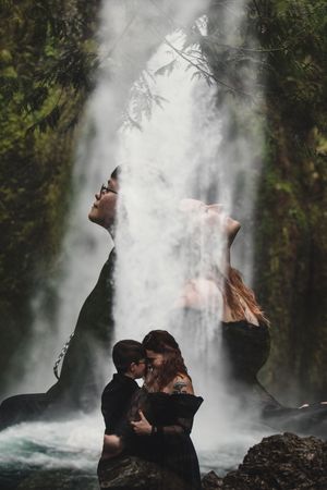 A series of images of people silhouetted against a misty waterfall showing dynamic movement and dance-like poses.