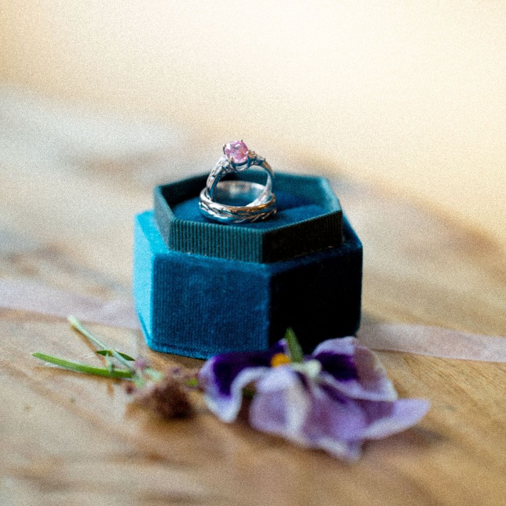 Wedding rings resting on navy blue velvet ring box with purple flower accents.