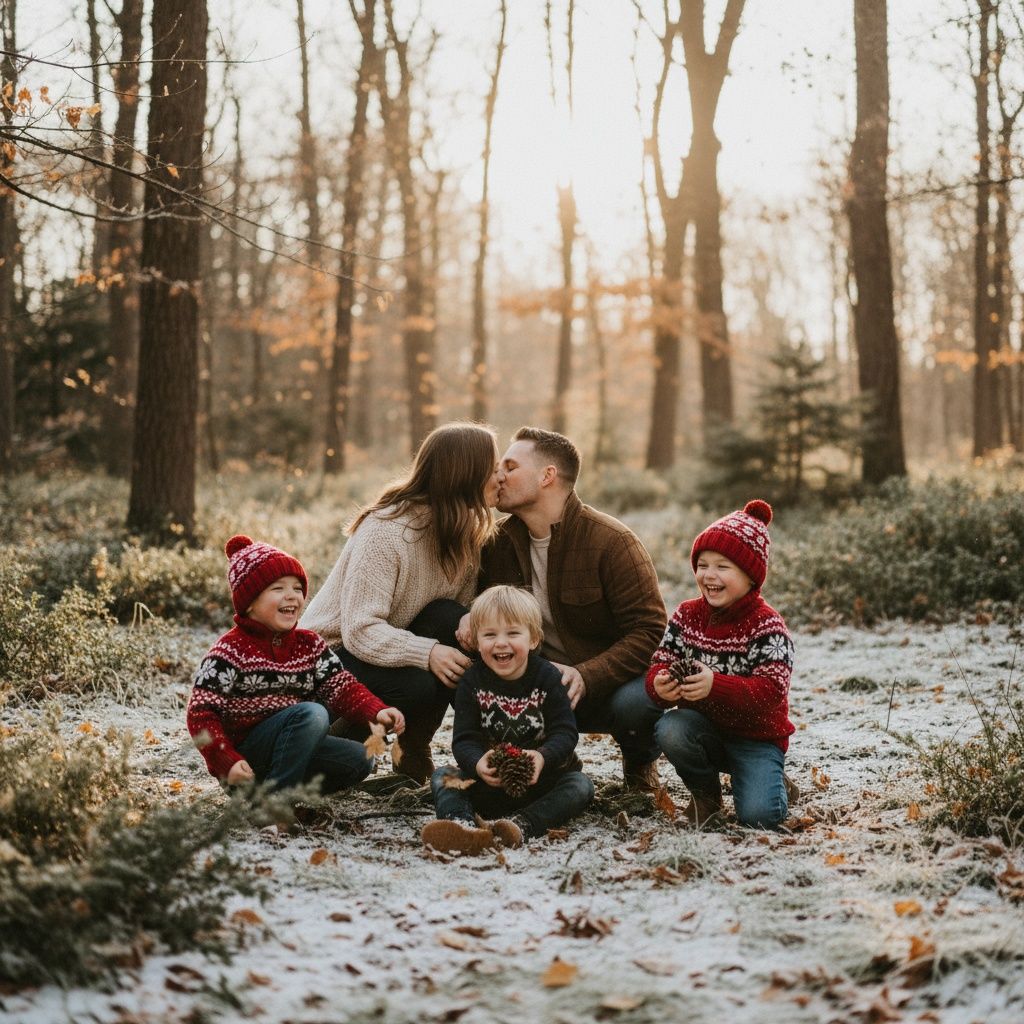 A family in winter attire sits together on snowy ground in a forest during golden hour sunset.