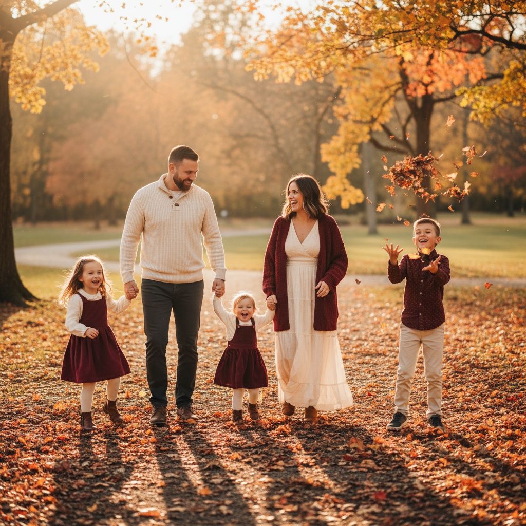 A family walks through autumn leaves at sunset in a park with warm golden light filtering through the trees.