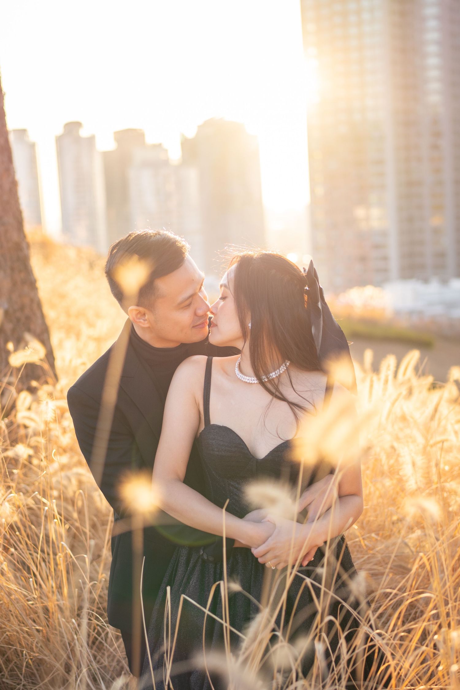 A romantic couple shares tender moments in a sunlit field of tall golden grass at sunset.
