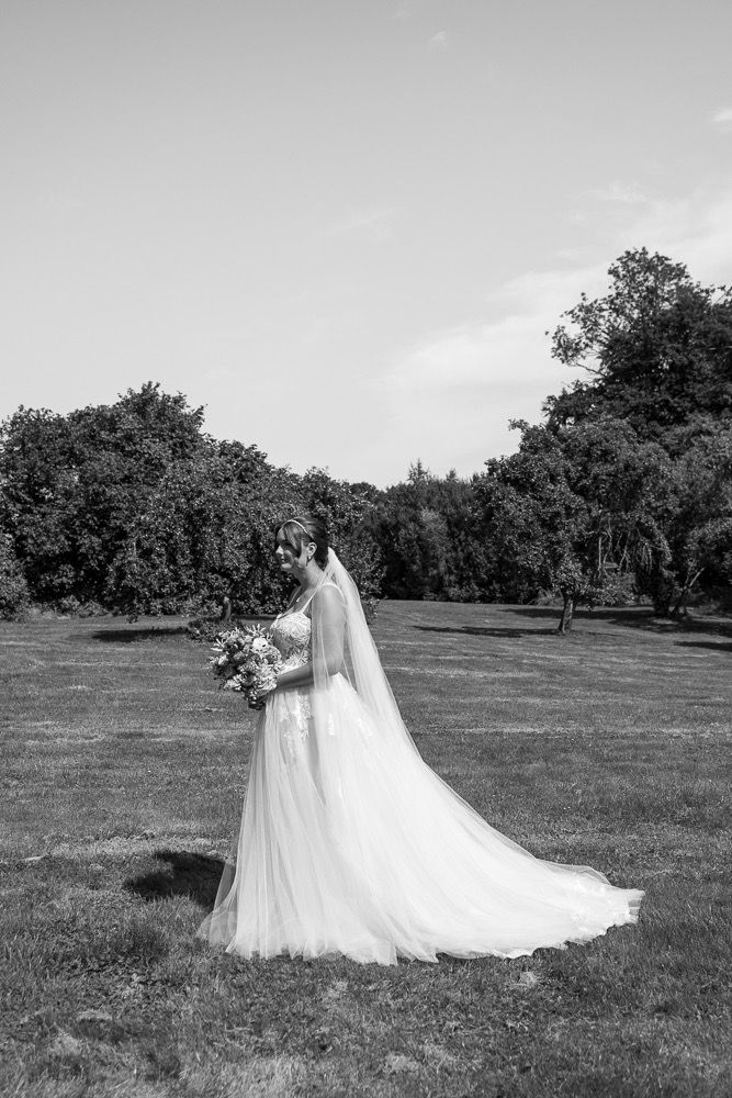 A series of black and white photos showing a flowing wedding dress in a scenic field with trees.