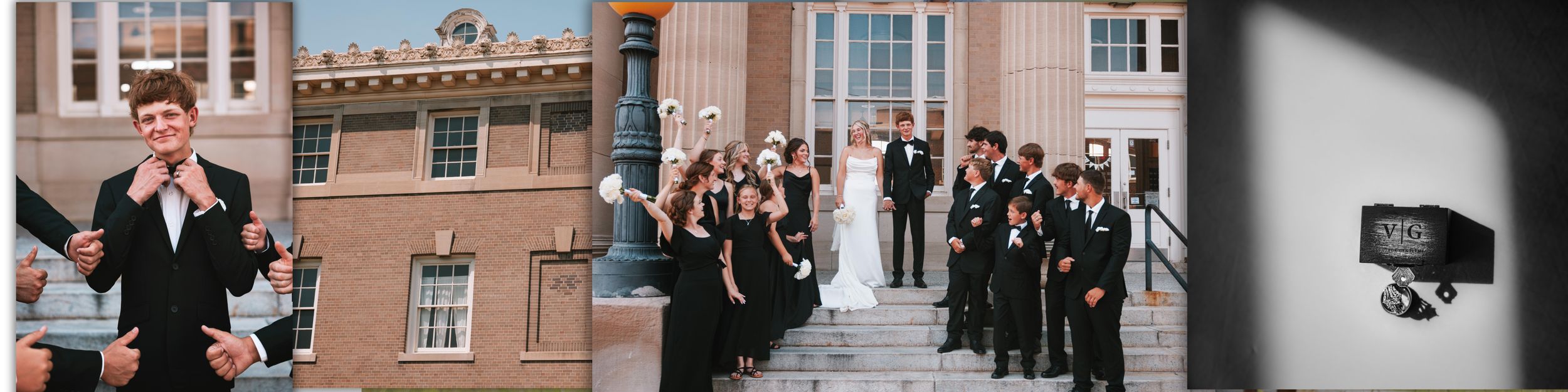 Wedding party members in formal attire pose together on the steps of a brick building during a celebration.