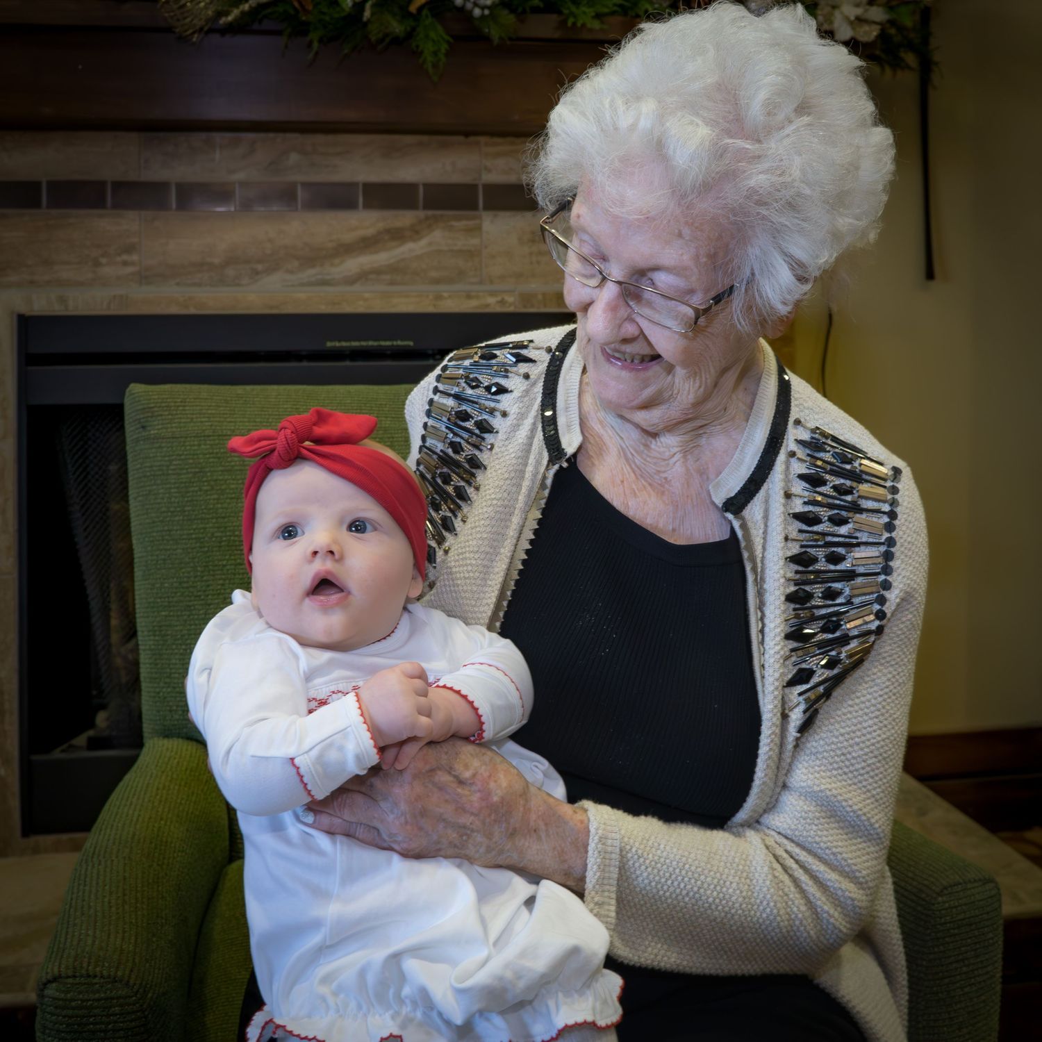 grandmother 5 generational photo extended family nursery home baby girl  Christmas photos family photo session Keller TX