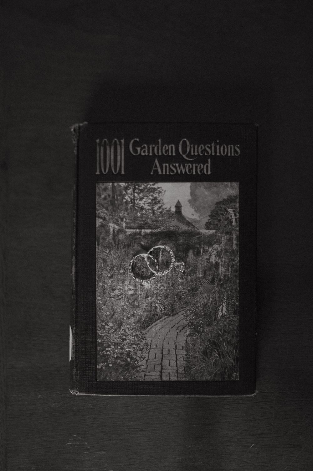 Vintage book titled '1001 Garden Questions Answered' photographed in black and white.