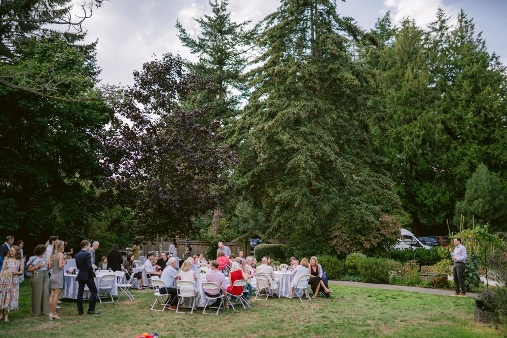Wedding guests seated at tables under tall evergreen trees during an outdoor reception.