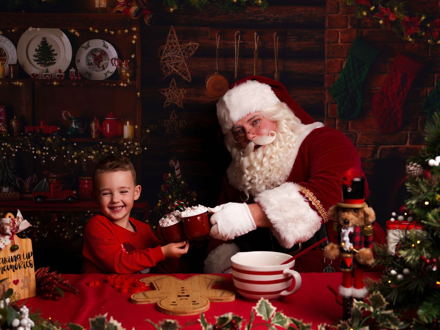 A festive Christmas scene with wrapped presents and decorations by a cozy fireplace.