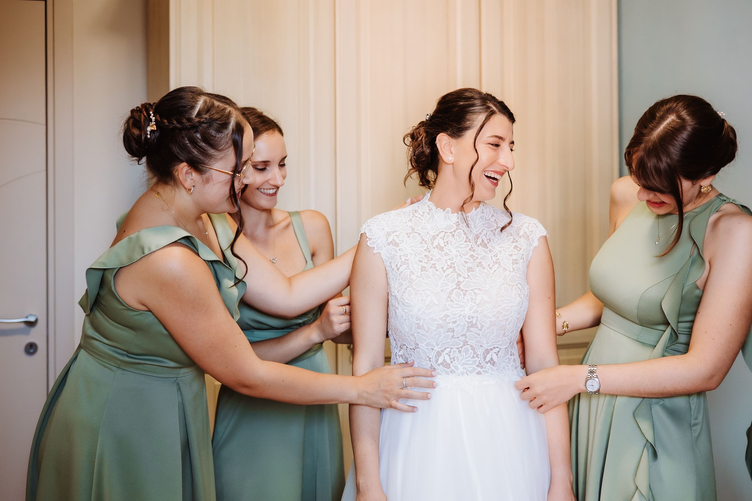 A series of photos showing bridesmaids in mint green dresses helping the bride prepare for her wedding day.