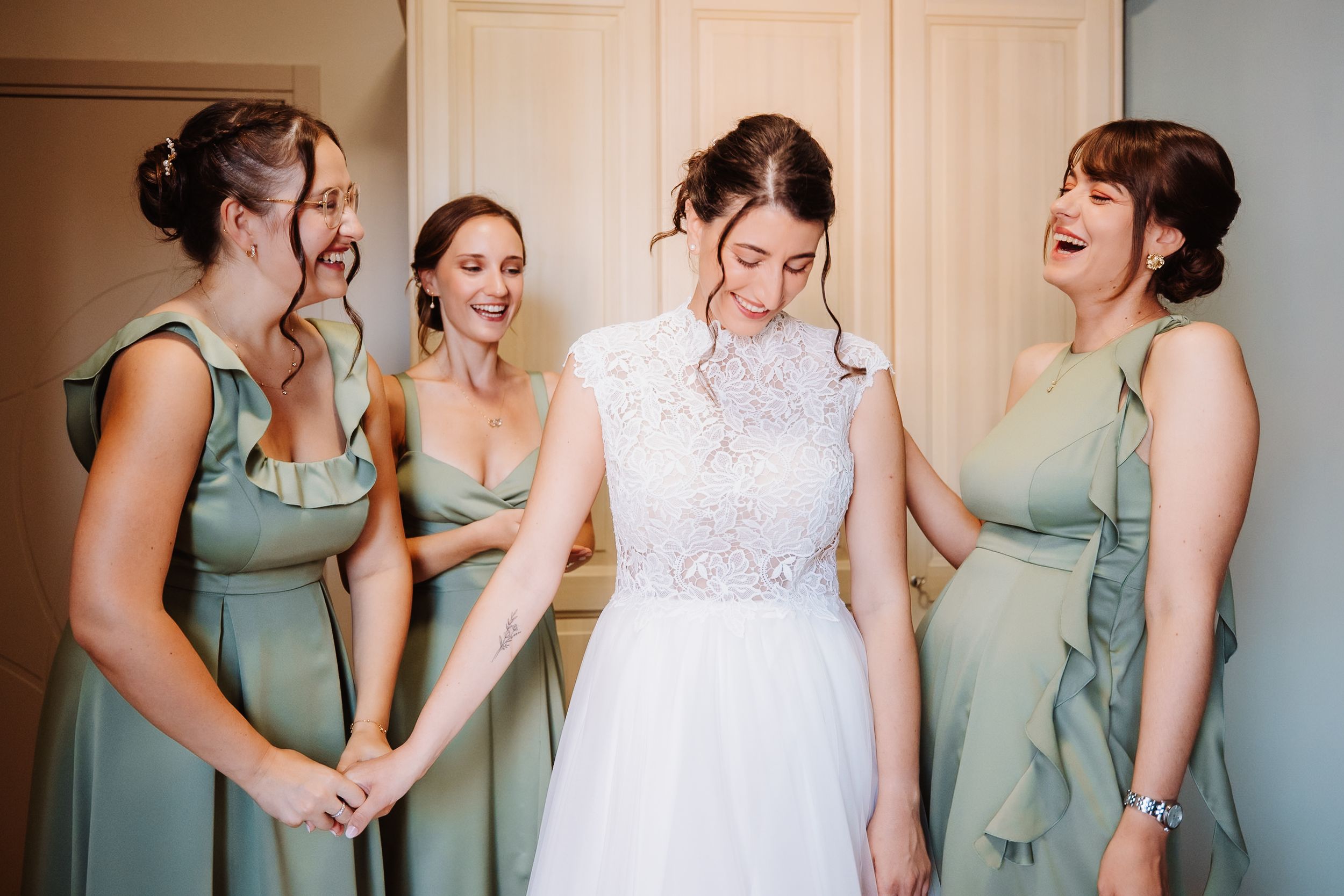 A group wearing sage green bridesmaid dresses and a white lace wedding gown share joyful moments in a photo collage.
