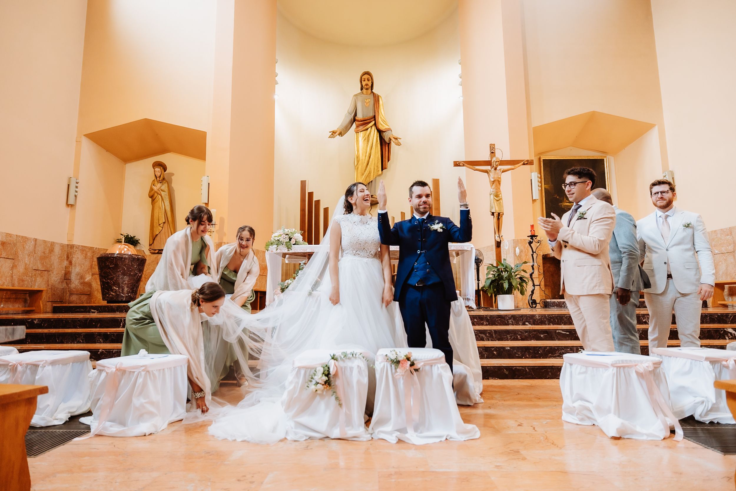 A sequence of wedding ceremony photos showing a bride in white dress kneeling at the church altar.