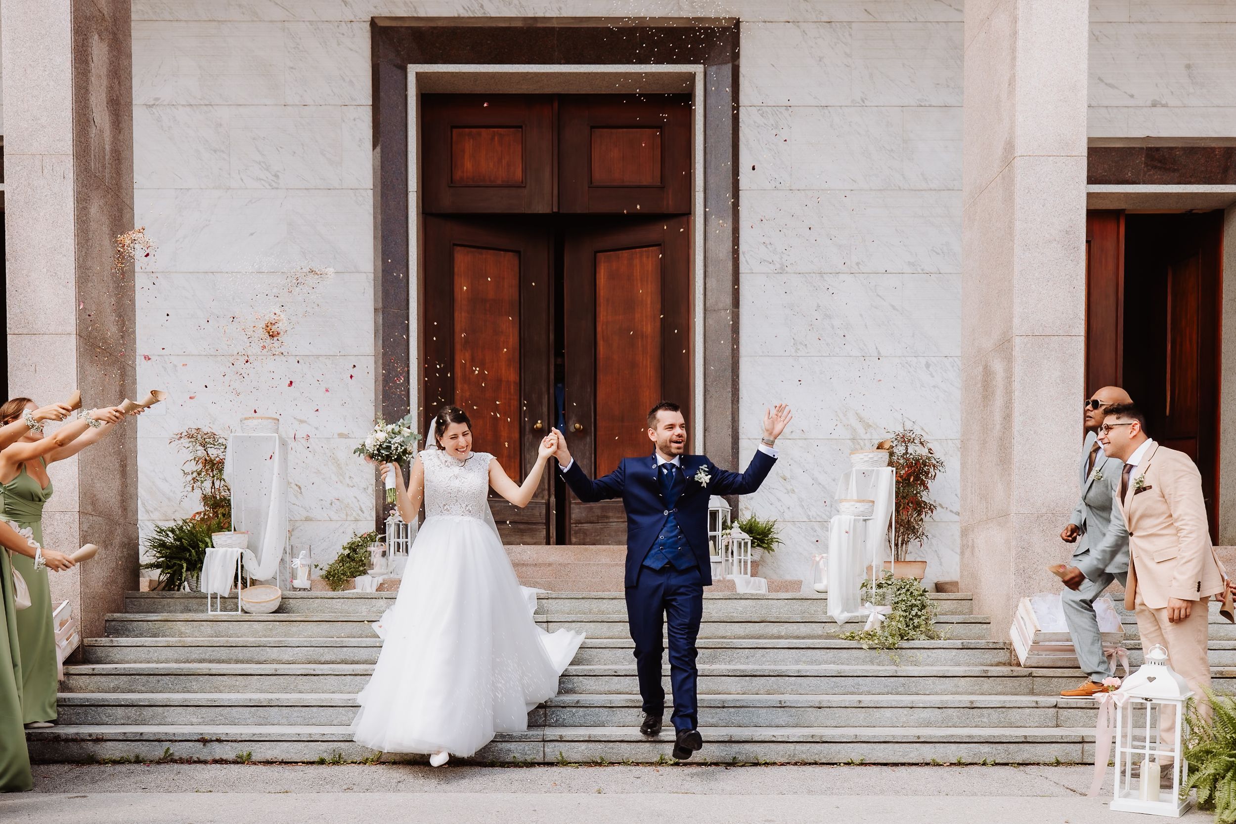 A series of wedding photos showing a bride and groom exiting a church building with guests throwing confetti.