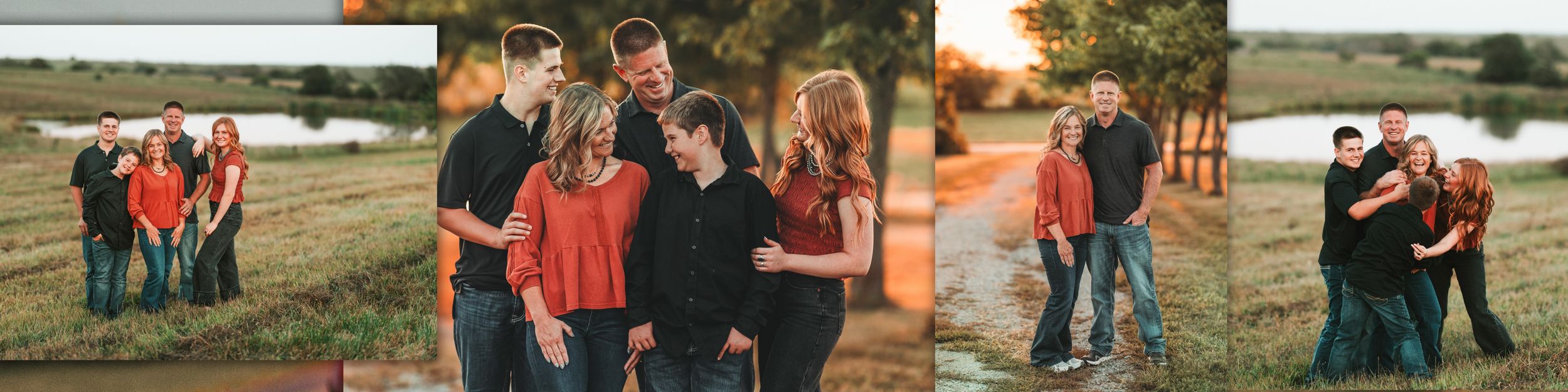 A couple embraces in a scenic outdoor setting during golden hour with multiple candid moments captured in sequence.