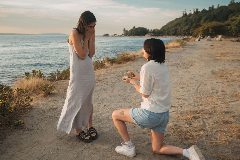Seattle sunset proposal, Golden Gardens, Seattle, queer couple,  engagement photography, lgbtq photography, proposal photography
