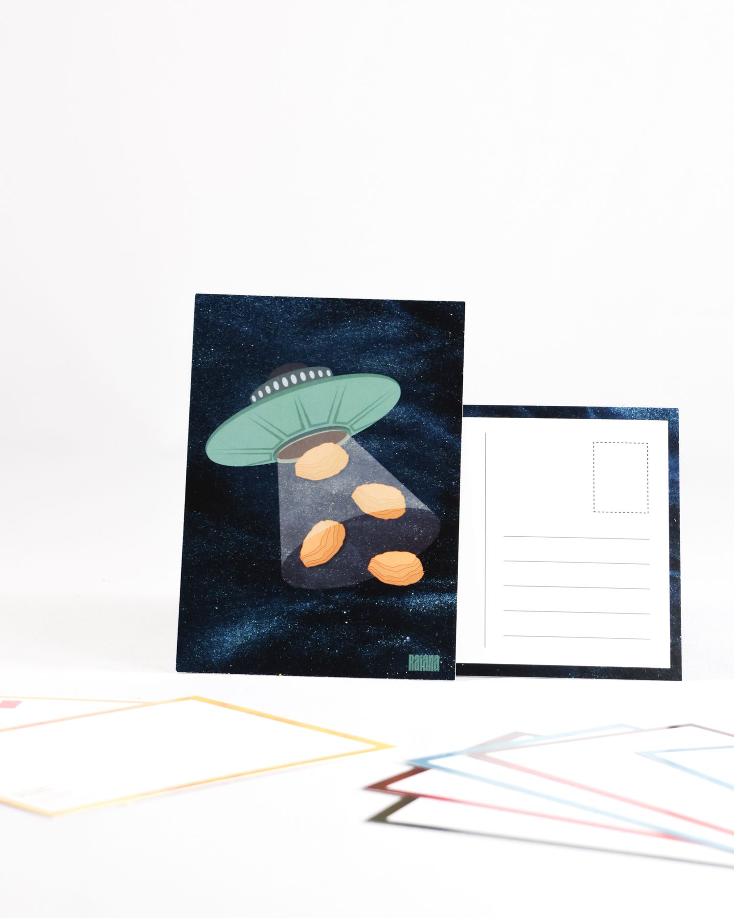 Minimalist postcards featuring glowing mushroom illustrations on dark backgrounds.