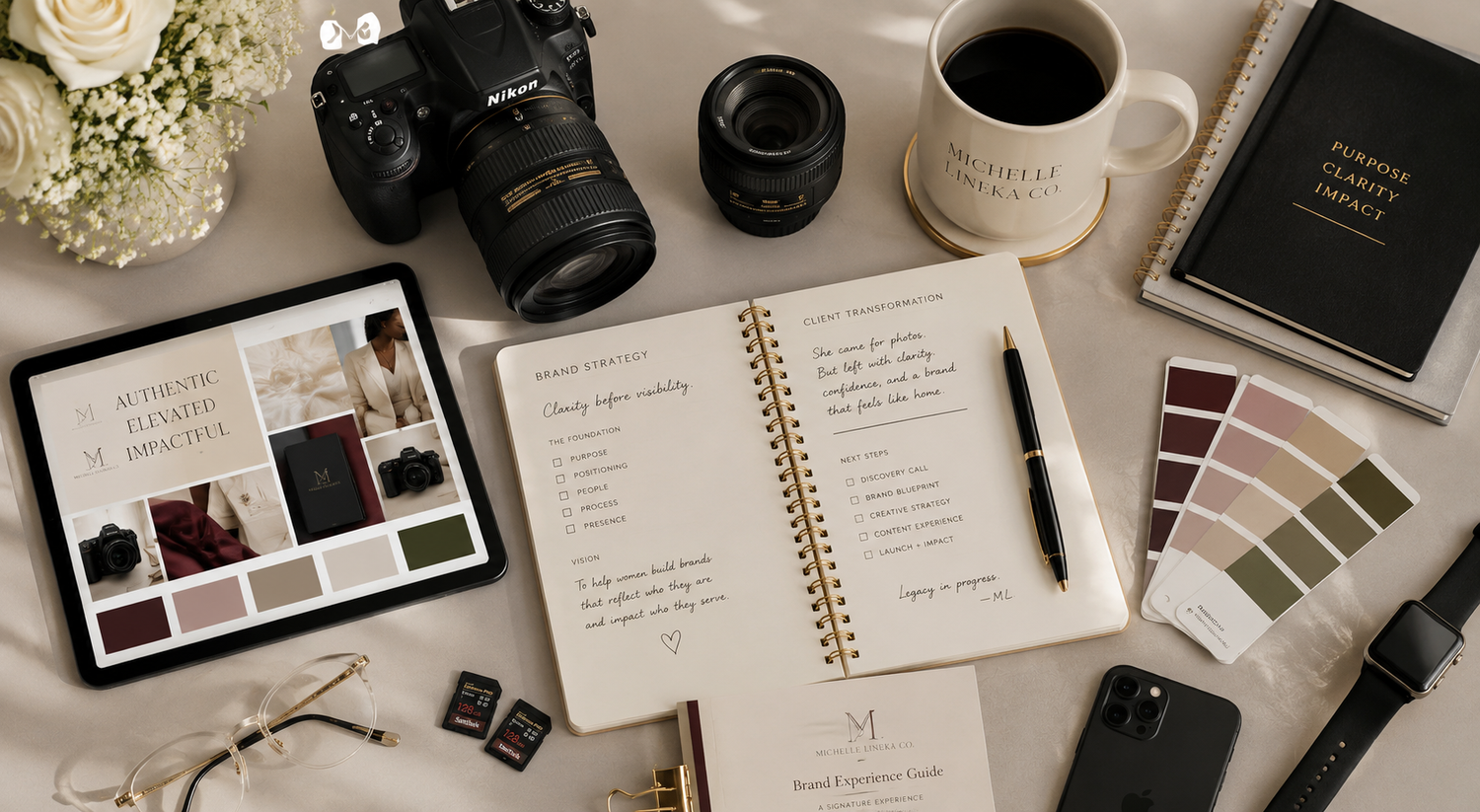 Professional photographer in all white attire takes photos with a digital camera against a light colored wall.