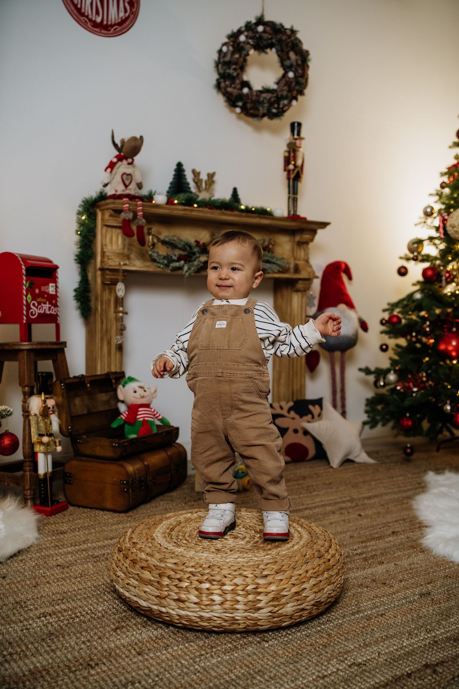 A series of Christmas-themed photos showing a decorated living room with a tree, wreath, and festive decor.