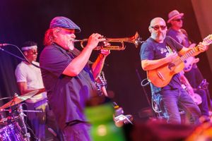 Musicians perform on stage with guitars and trumpet at a live concert under colorful purple lighting.