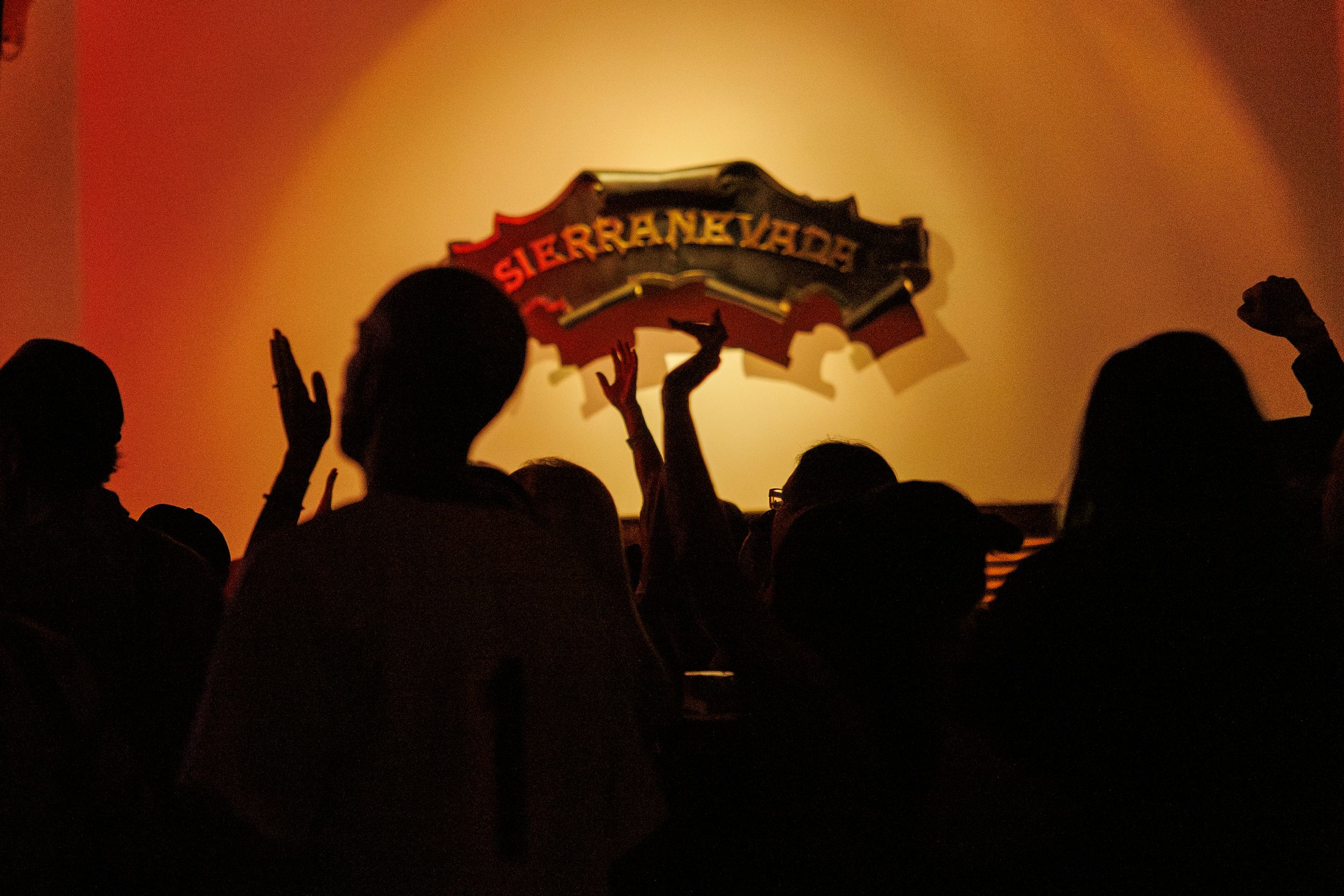 Silhouettes of people enjoying an amusement park ride against a warm sunset sky with carnival lights visible.